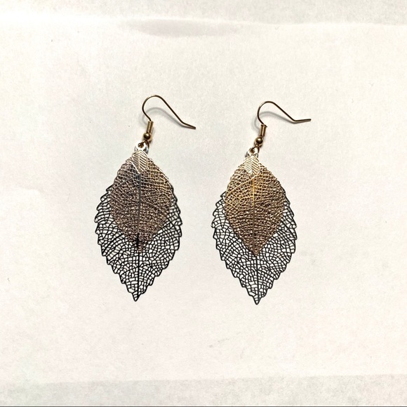 Tree Leaf Two Tone Silver Gold Drop Earrings new - Picture 4 of 7